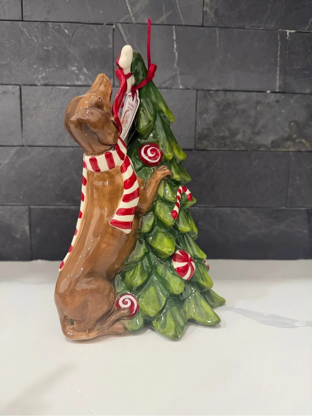 Festive Dog & Christmas Tree Holiday Figurine - Red and Green